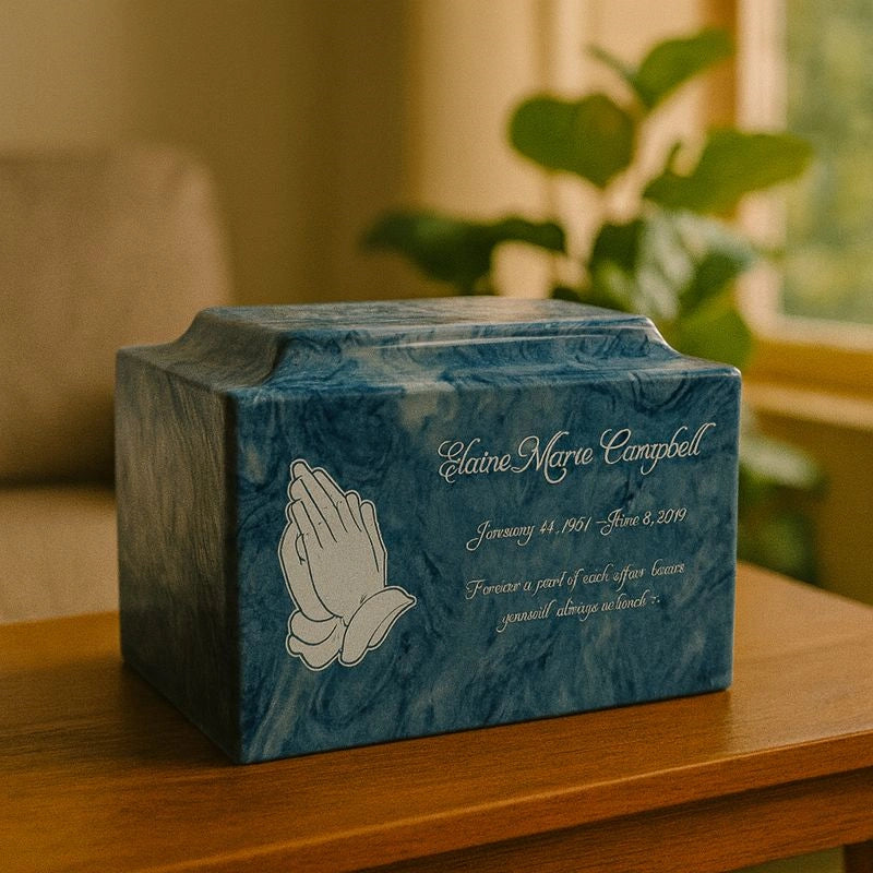 Custom blue stone adult memorial urn with engraved inscription