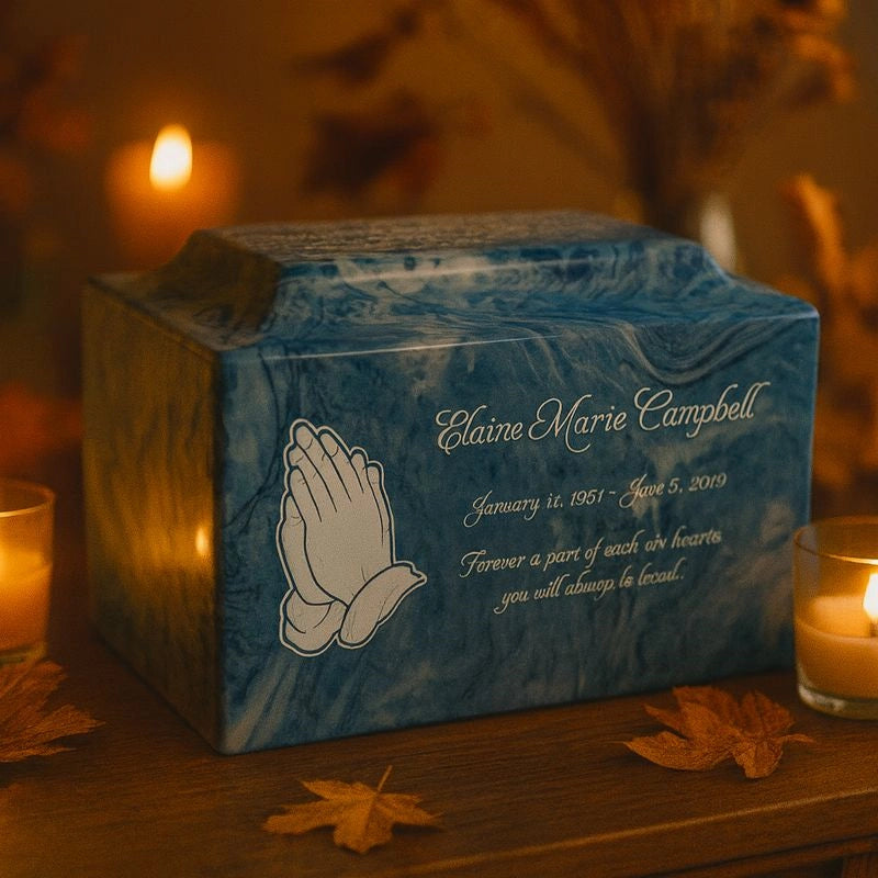 Rectangular blue memorial urn for adult remains