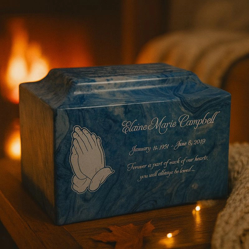 Adult cremation urn with engraved text and symbol