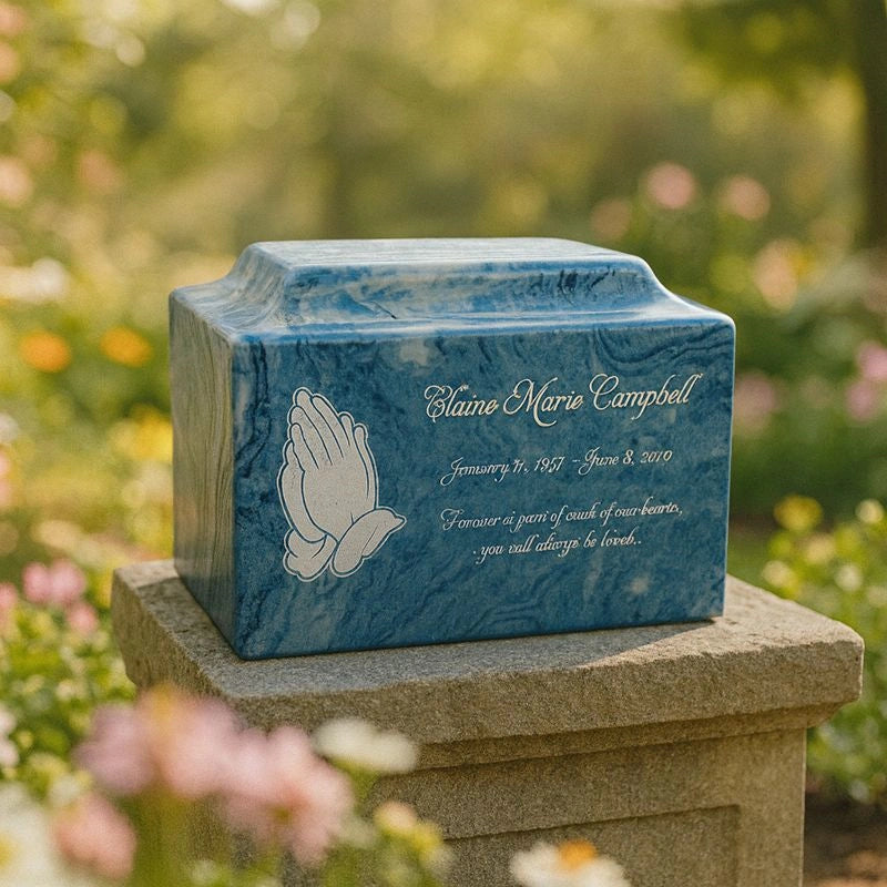 Blue stone-look ceramic urn for home memorial placement