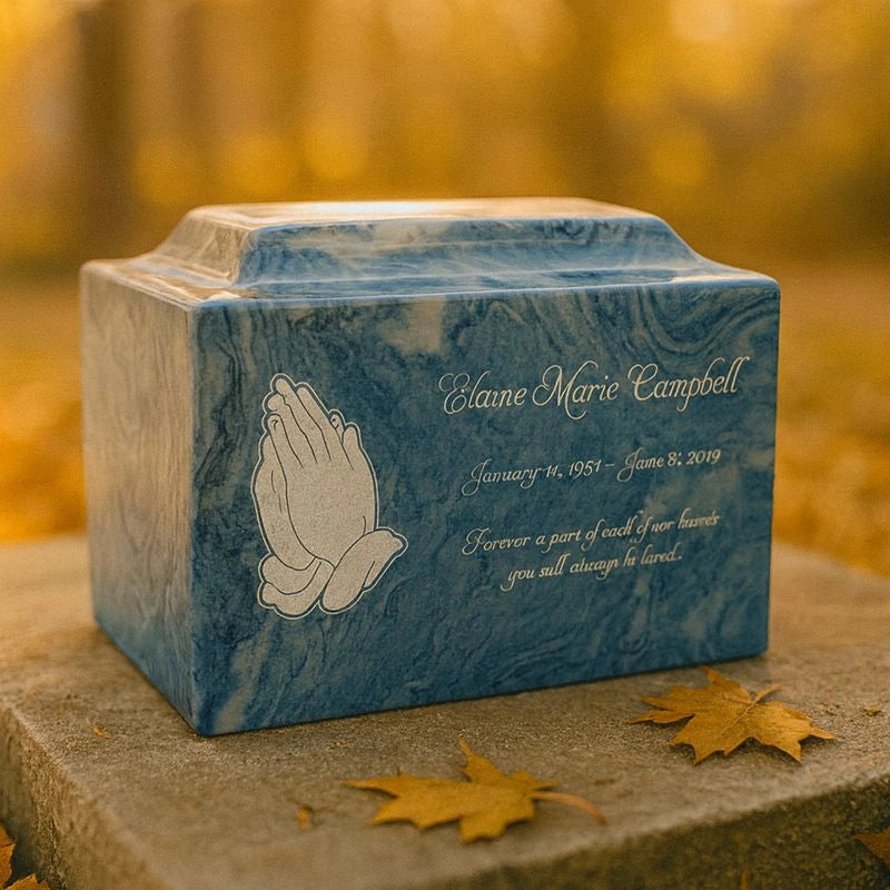 Personalized blue memorial urn on wooden surface
