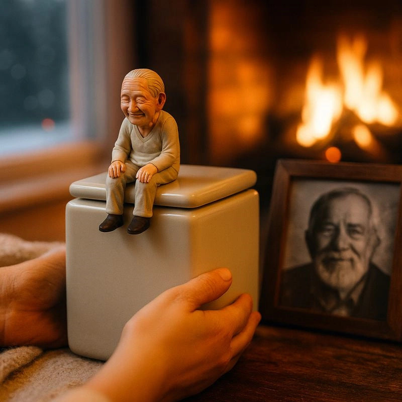 Statue of an elderly man on a white box with a hand reaching towards it, in front of a fireplace.