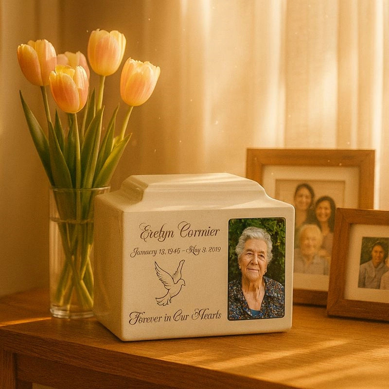 Custom ceramic adult urn with photo panel on wooden surface