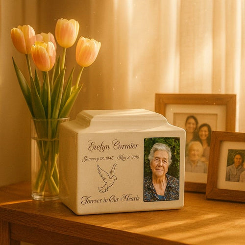 Custom ceramic adult urn with photo panel on wooden surface