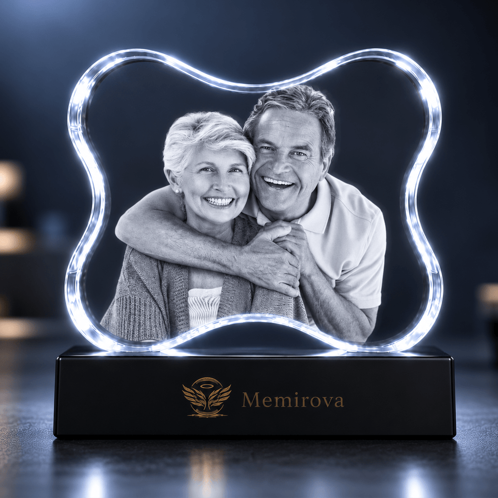 Memirova white-lit bone-shaped Valentine crystal with senior couple