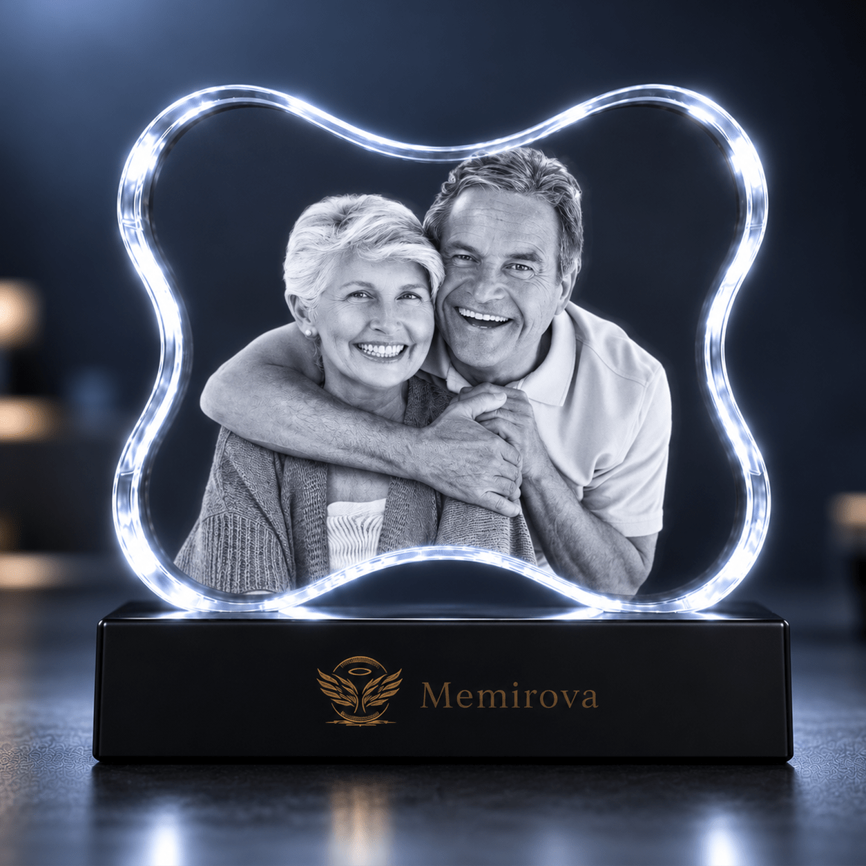 Memirova white-lit bone-shaped Valentine crystal with senior couple