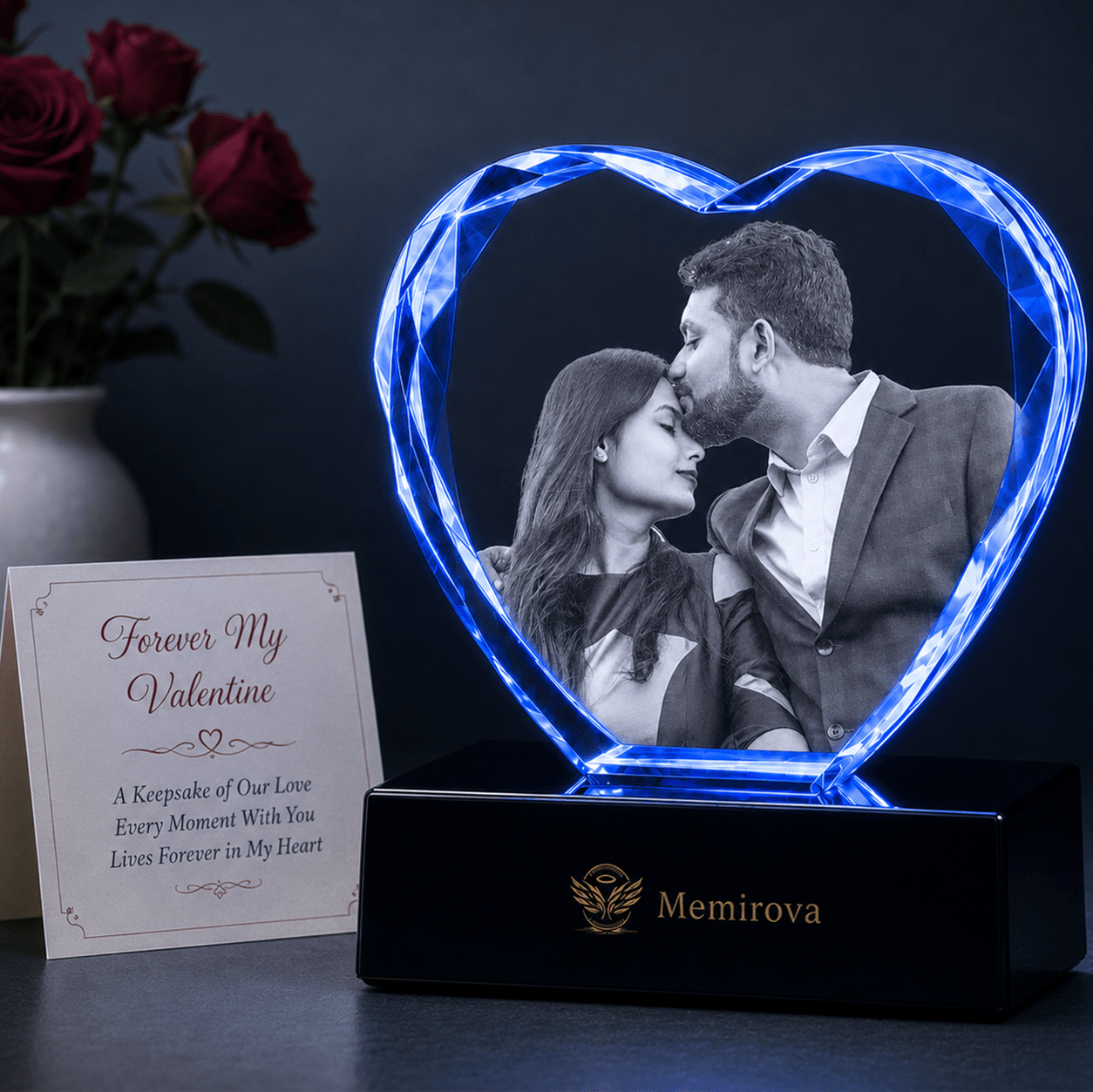 Memirova blue faceted heart Valentine crystal with romantic couple