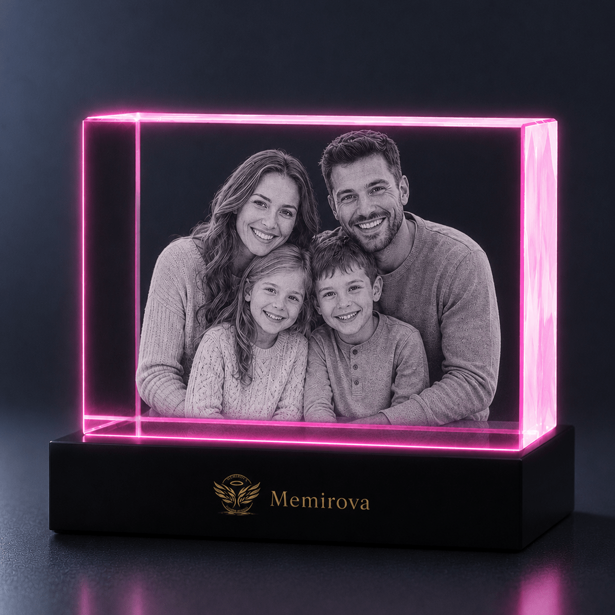 Memirova pink-lit horizontal personalized family crystal keepsake