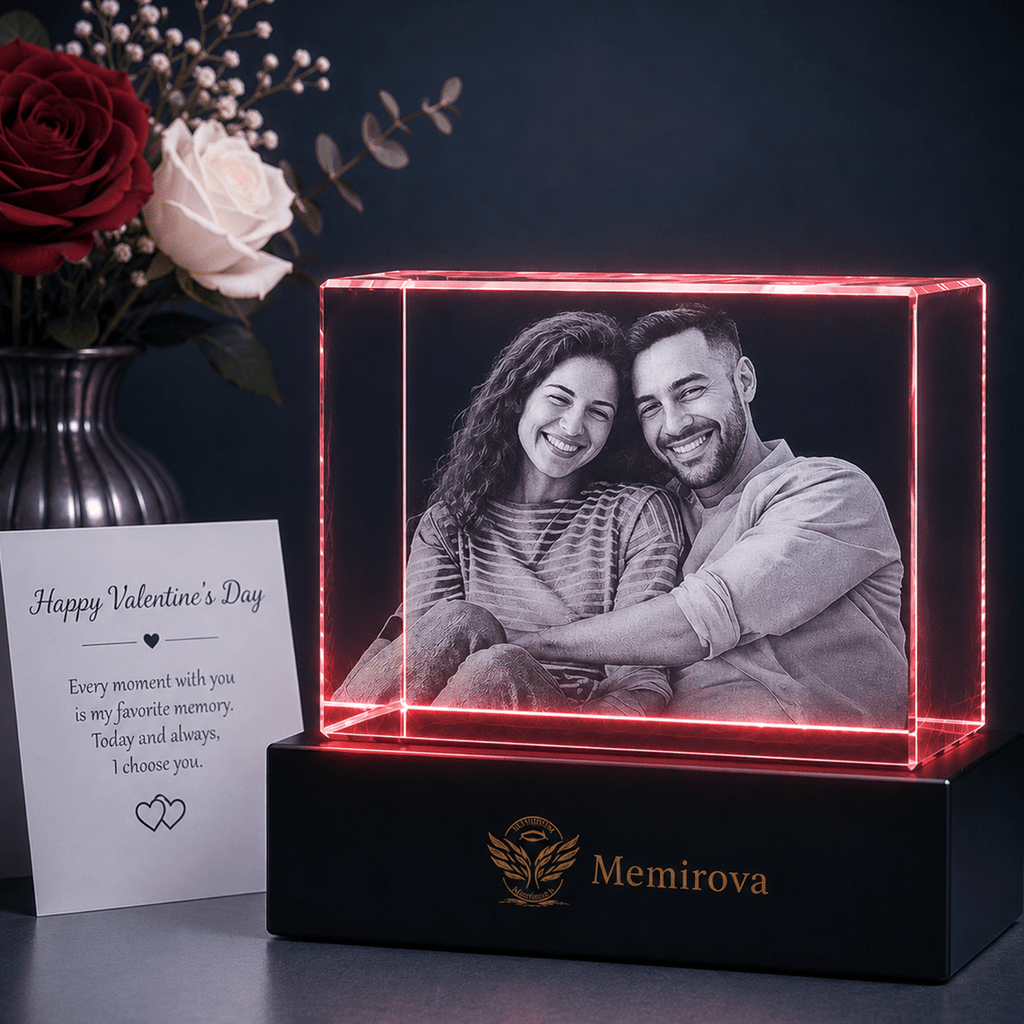 Memirova red-lit horizontal Valentine crystal plaque with couple photo