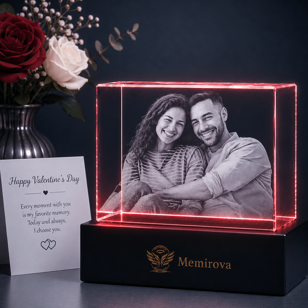 Memirova red-lit horizontal Valentine crystal plaque with couple photo