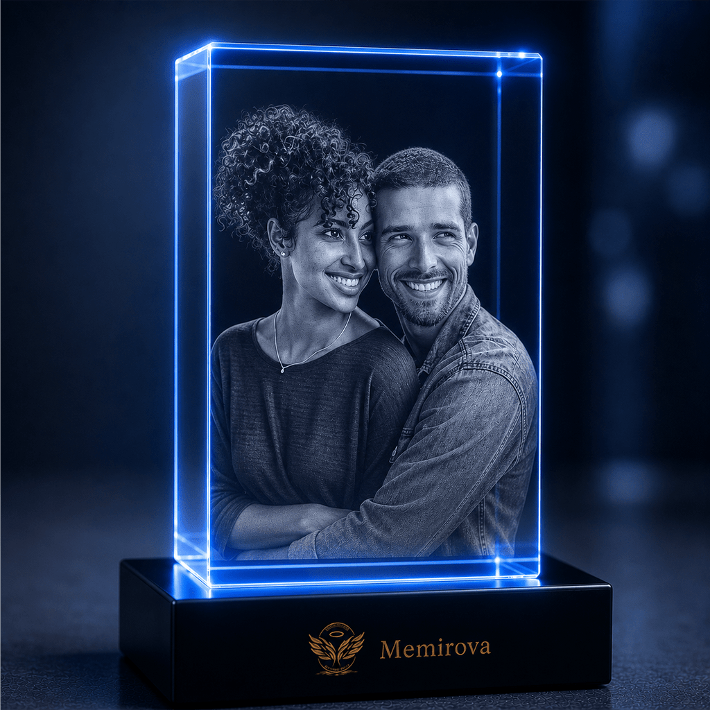 Memirova blue-lit vertical Valentine crystal with couple portrait