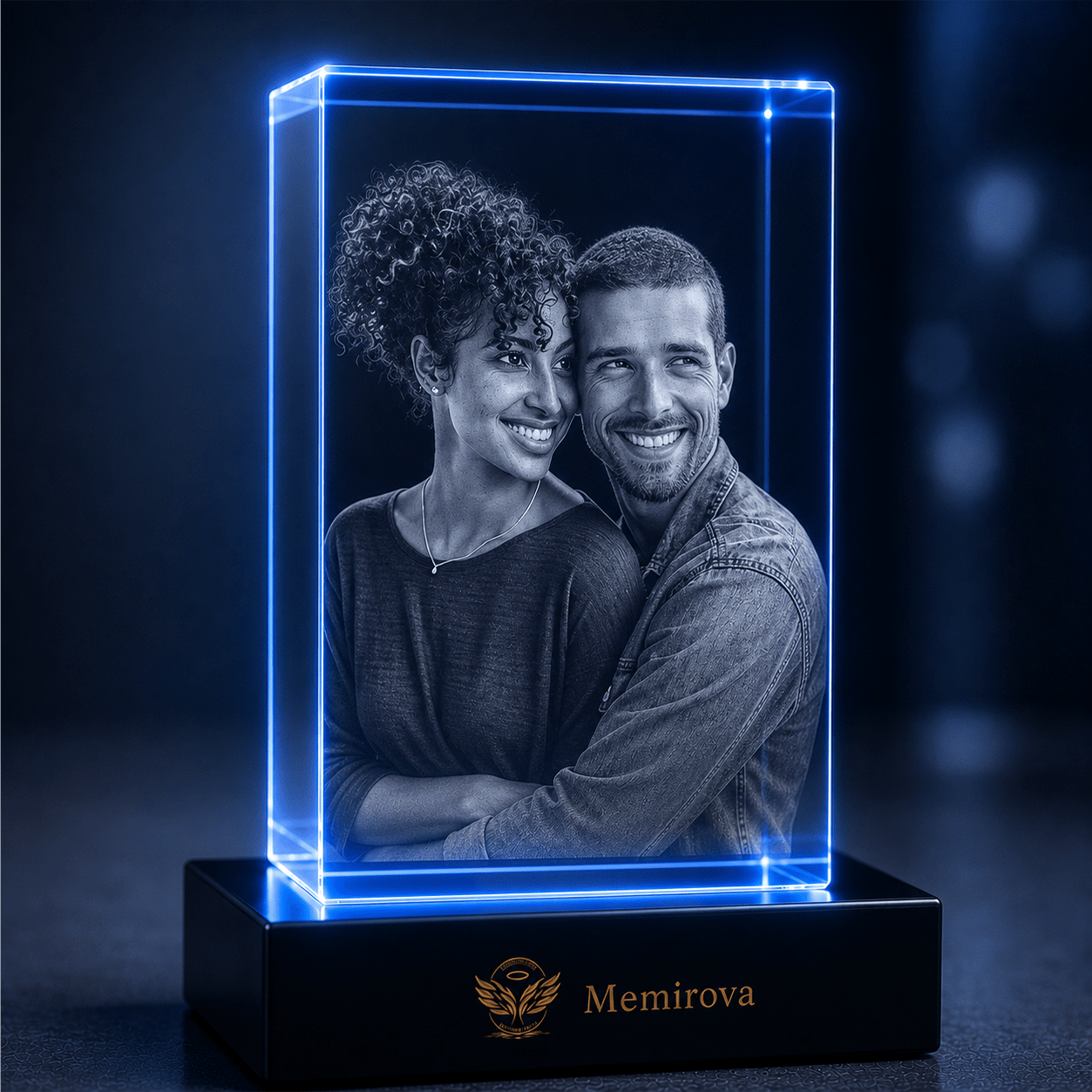 Memirova blue-lit vertical Valentine crystal with couple portrait
