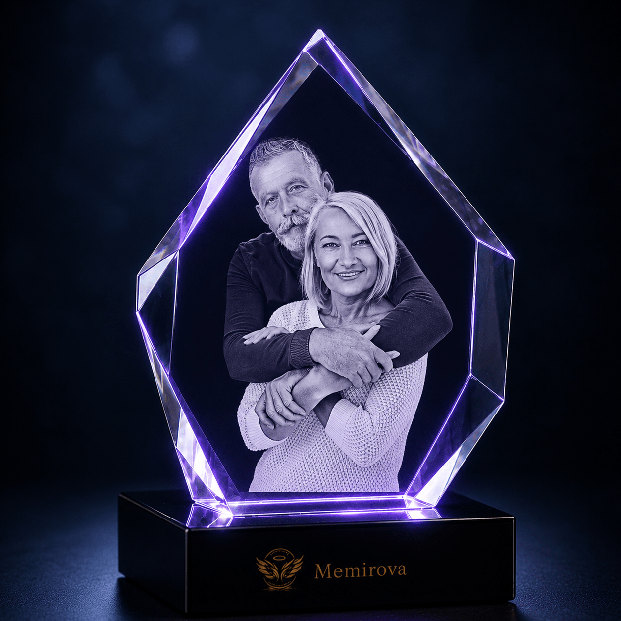 Memirova purple-lit prestige crystal with senior couple portrait