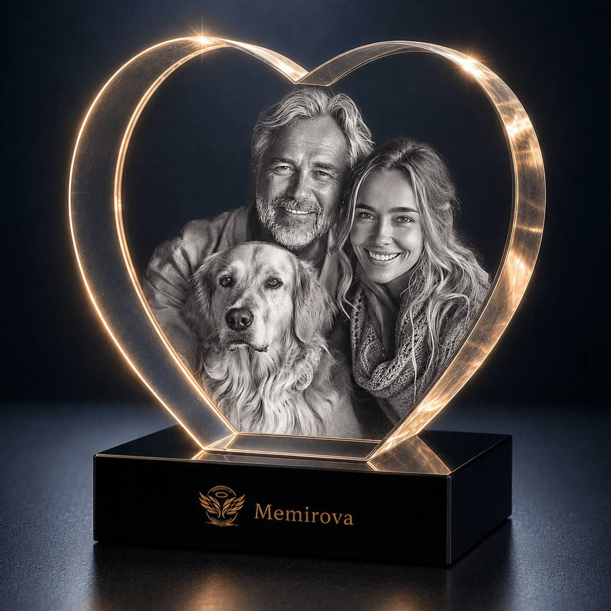 Memirova warm-lit heart crystal with couple and beloved dog