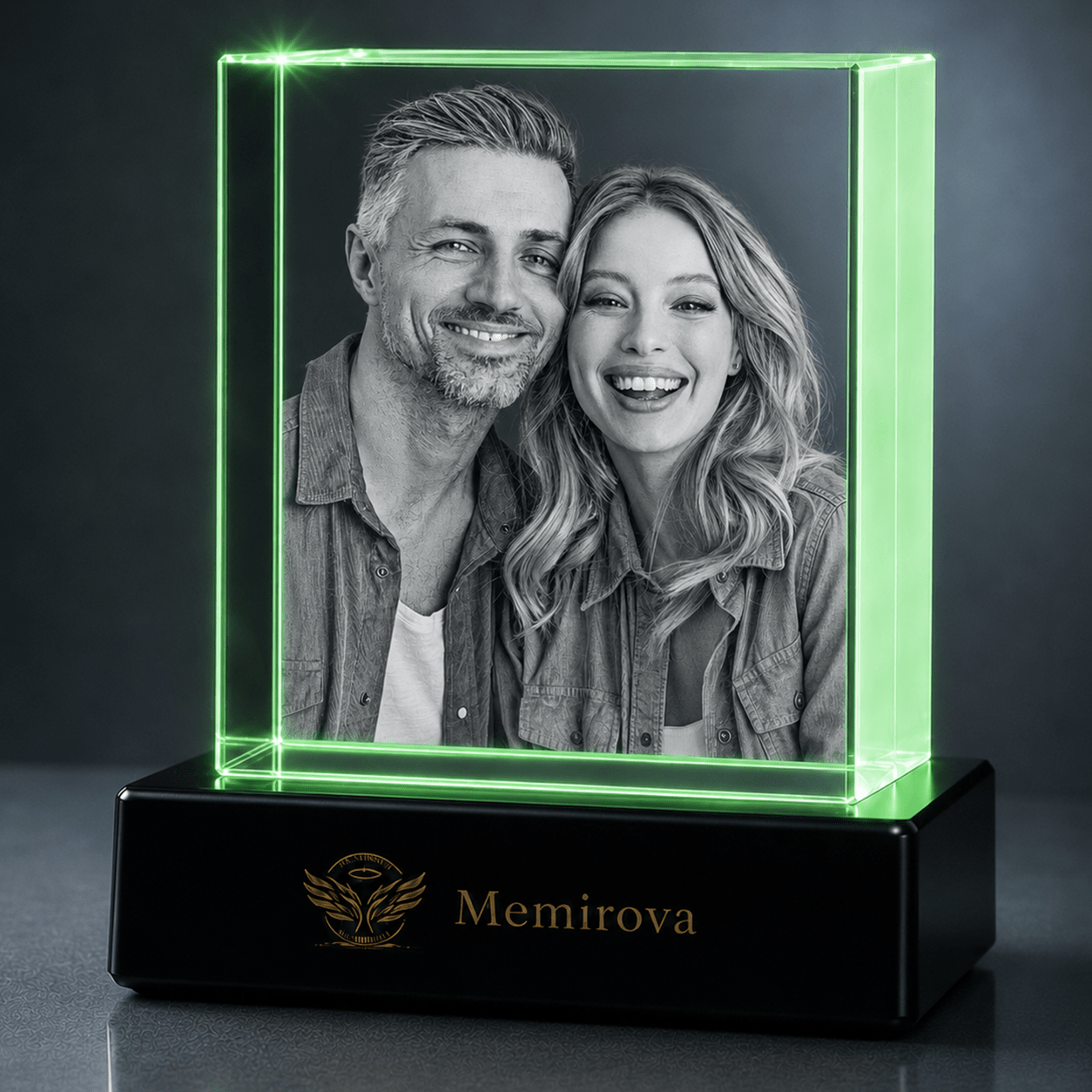 Memirova green-lit square personalized crystal with happy couple