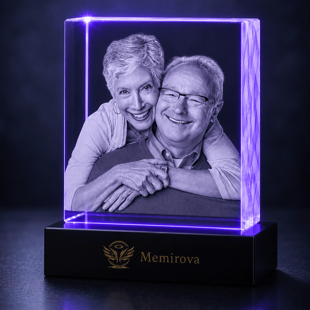 Memirova purple-lit square Valentine crystal with senior couple portrait